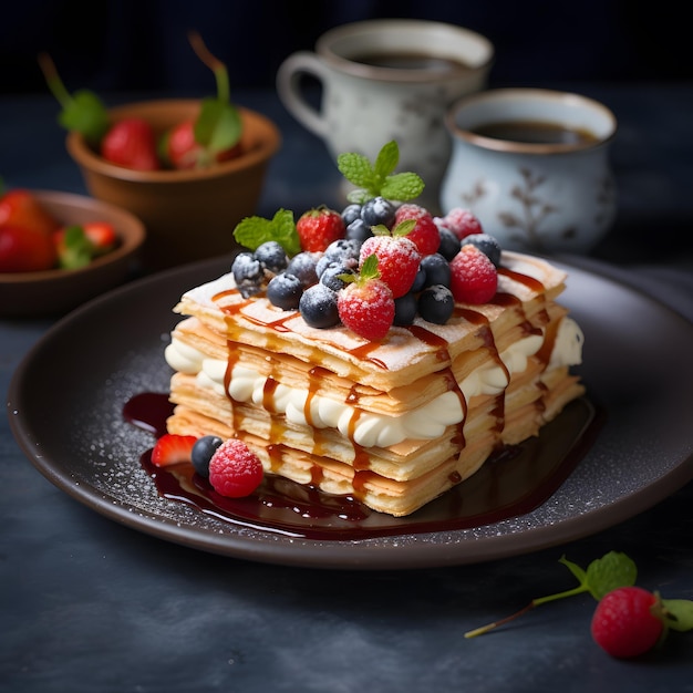 Photo of delicious mille feuille with berries