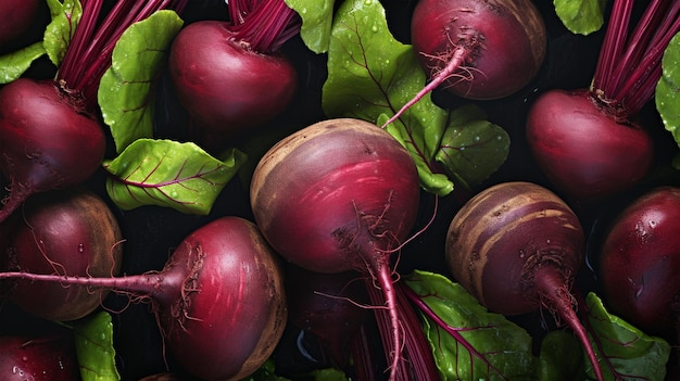 Photo photo of delicious ripe beetroots with raindrops autumnal harvest top view