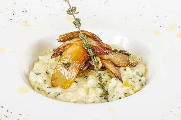 Photo of delicious risotto dish with herbs and mushrooms on white background