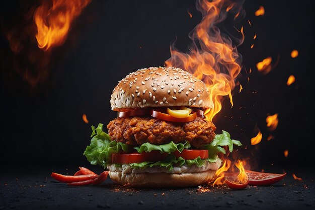 暗い背景に燃える火を持つおいしいスパイシーなフライドチキンバーガーの広告の写真