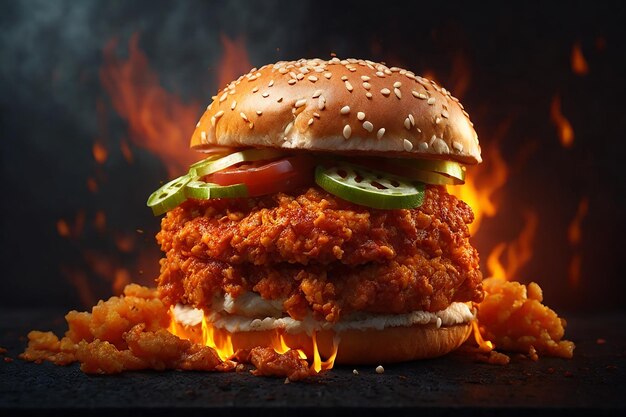 Photo delicious spicy fried chicken burger ads with burning fire on dark background