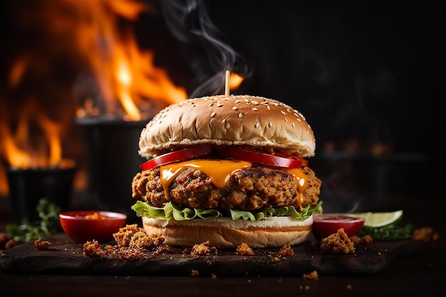 Photo delicious spicy fried chicken burger ads with burning fire on dark background