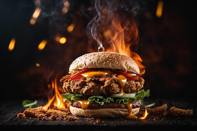 Фото вкусной пряной рекламы жареного куриного бургера с горящим огнем на темном фоне
