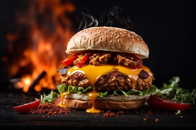 Photo photo delicious spicy fried chicken burger ads with burning fire on dark background