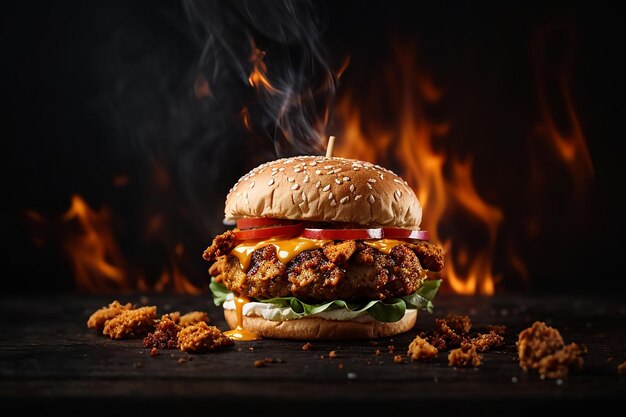 Photo delicious spicy fried chicken burger ads with burning fire on dark background