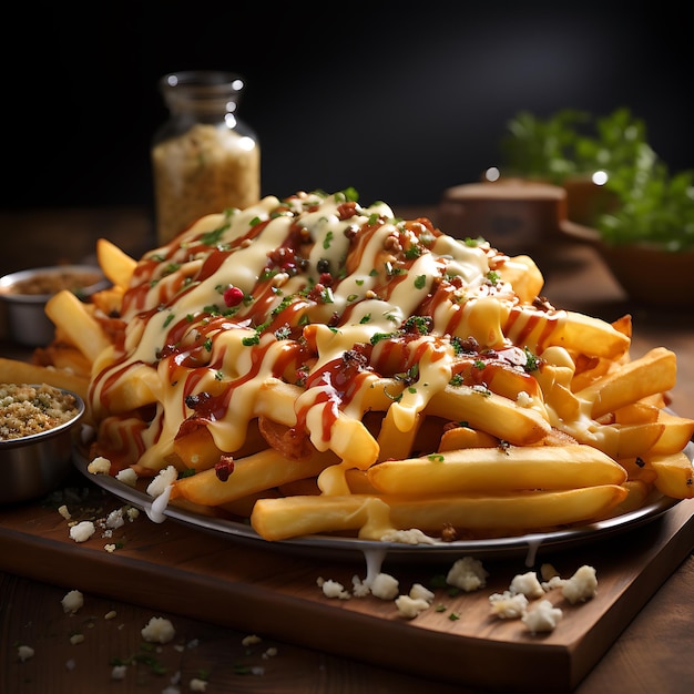 photo of Delicious and sumptuous fries with bacon bits with melting cheese ketchup and mayonaise
