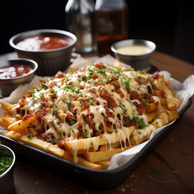 photo of Delicious and sumptuous fries with bacon bits with melting cheese ketchup and mayonaise