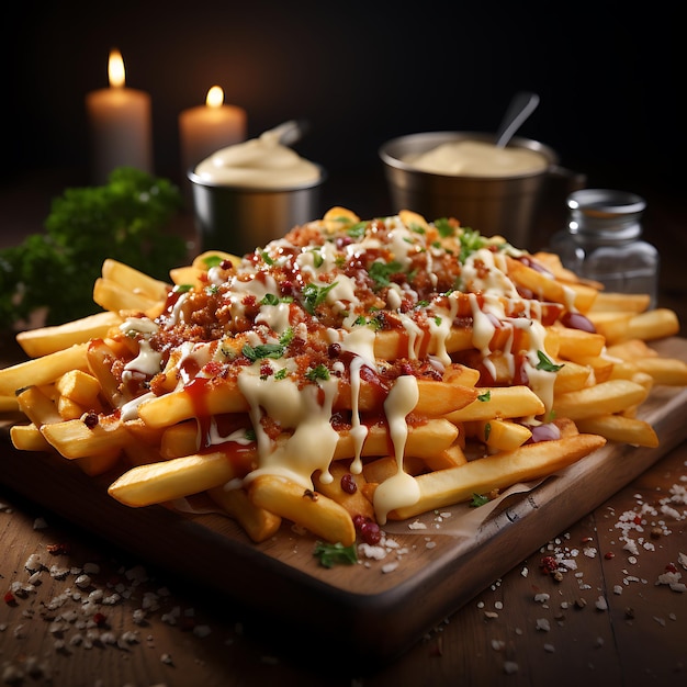 photo of Delicious and sumptuous fries with bacon bits with melting cheese ketchup and mayonaise