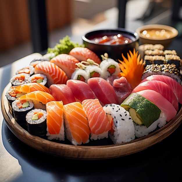 a photo of a delicious sushi plate in a Sushi restaurant different kindes of sushi