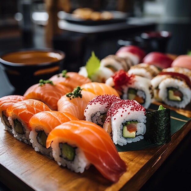 a photo of a delicious sushi plate in a Sushi restaurant different kindes of sushi