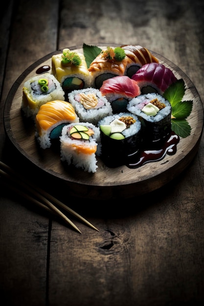 Photo of delicious sushi on a rustic wooden table