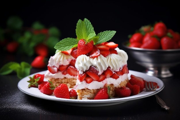 photo delicious and sweet cake with strawberries and baiser on a plate