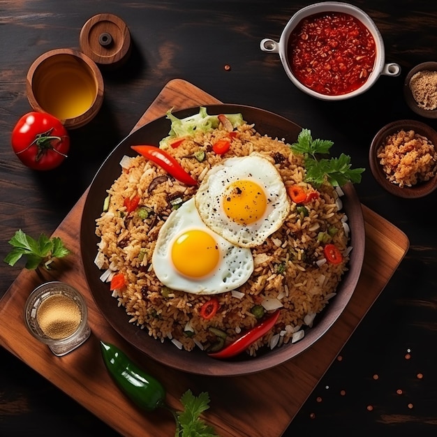 Photo of delicious and tasty nasi goreng plate top view