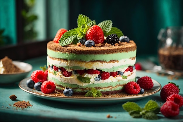 Photo delicious tiramisu cake with fresh berries and mint on a plate