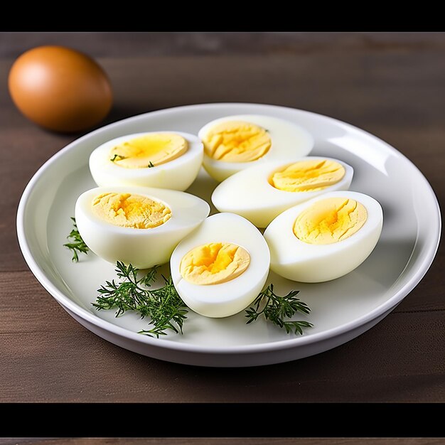 Photo of delicious yummy boiled eggs and egg slices