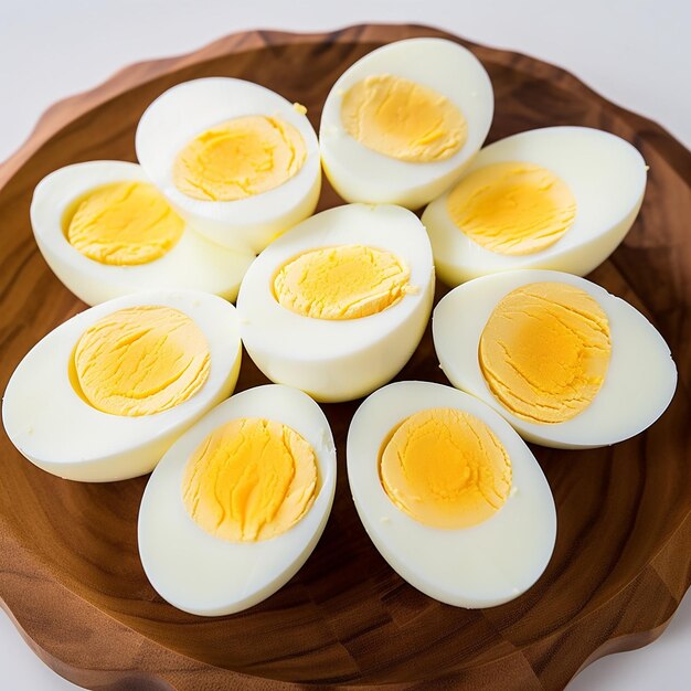 Photo of delicious yummy boiled eggs and egg slices