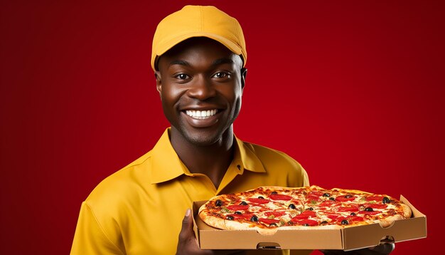 ピザの箱と一緒に立っている黄色いポロシャツとキャップを着たアフリカ系アメリカ人の写真配達