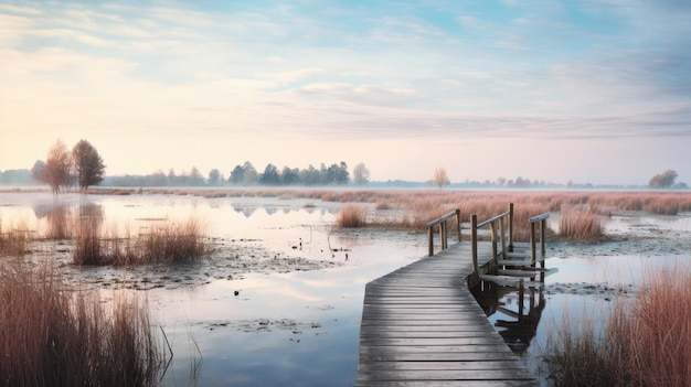 A photo of a delta landscape with a wooden footbridge still lagoon