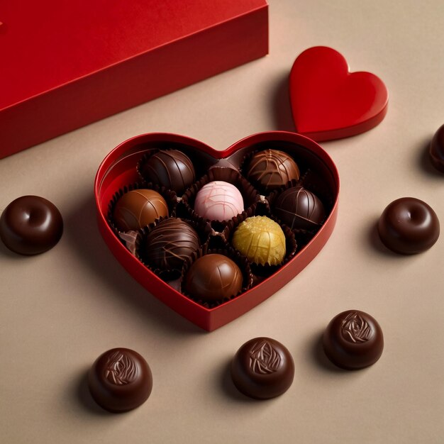 a photo of deluxe chocolate bonbons in a red heartshaped box