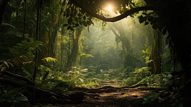 Foto una foto di una densa giungla africana con la luce del sole che filtra attraverso il baldacchino