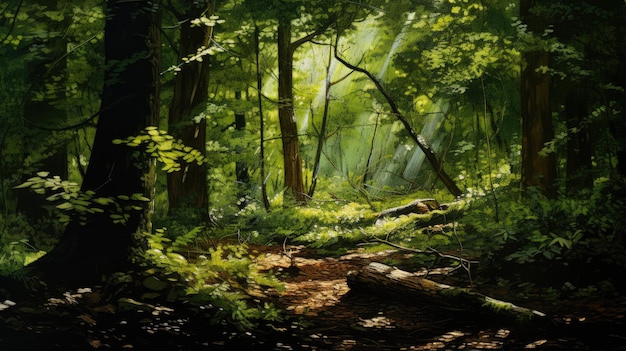 A photo of a dense forest dappled sunlight