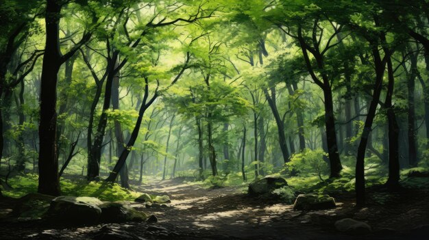 A photo of a dense forest with a canopy of leaves dappled shade