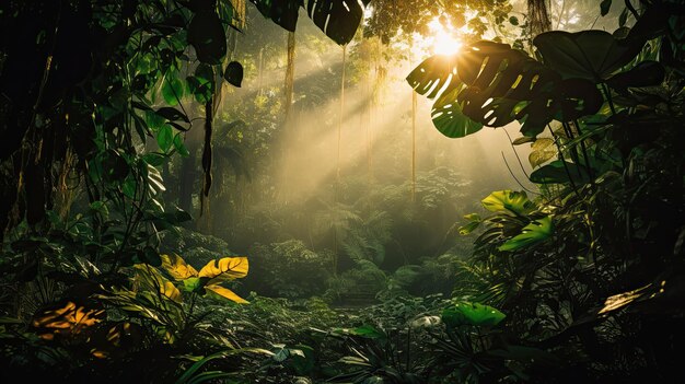 A photo of a dense jungle with dense foliage golden hour sunlight