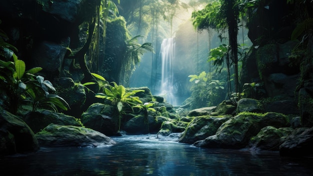 A photo of a dense jungle with a hidden waterfall dappled sunlight