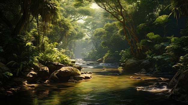 A photo of a dense jungle with a rushing river dappled sunlight