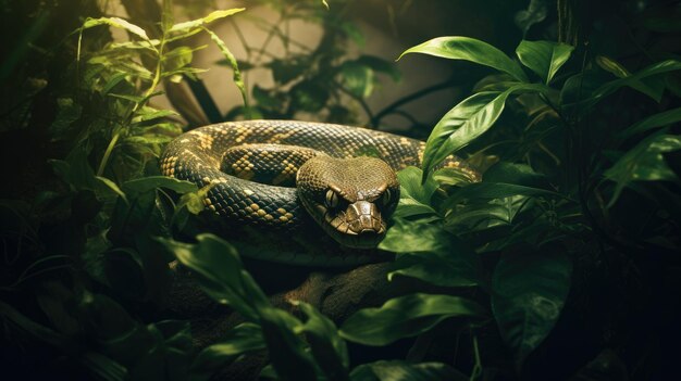 A photo of a dense jungle with a slithering snake filtered sunlight