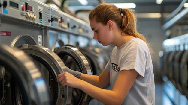 Foto la foto raffigura una donna che gestisce grandi macchinari industriali