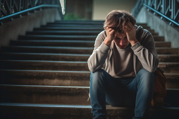 Photo of depressed young student sitting on floor back at college or university