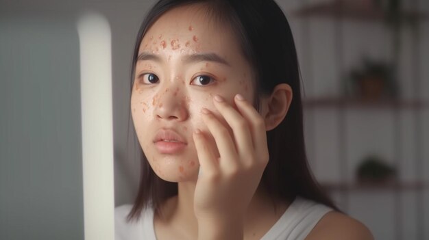 Photo photo of dermatology puberty asian young woman girl looking sad