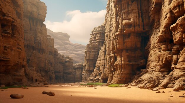 A photo of a desert canyon with towering rock wall