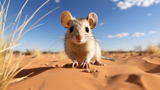 Photo of a desert kangaroo rat in a desert with blue sky