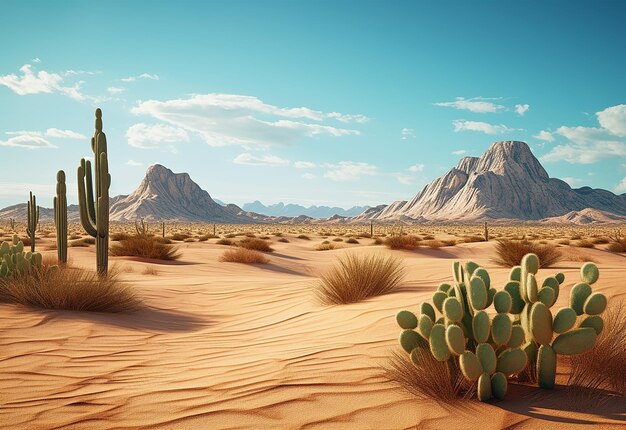 Foto foto di un paesaggio desertico alla luce del sole con piante di cactus cactus