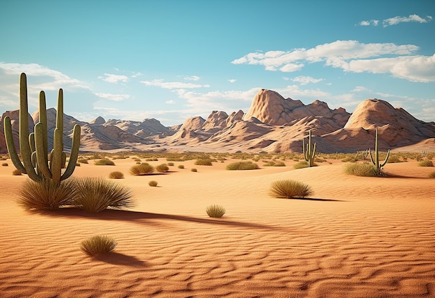 カクティ・カクタスの植物と一緒に太陽の光の下の砂漠の風景の写真