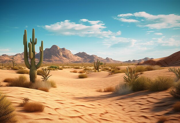 カクティ・カクタスの植物と一緒に太陽の光の下の砂漠の風景の写真