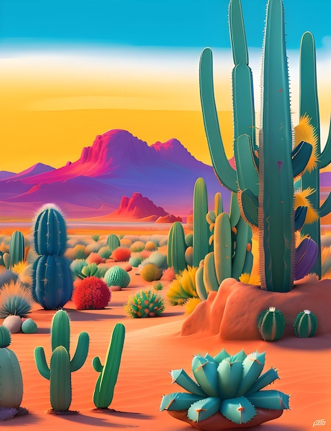 Photo of desert landscape with cactus in the foreground