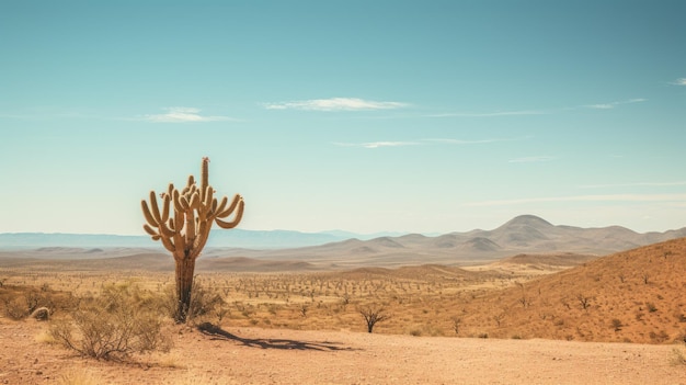 Foto una foto di un paesaggio desertico con un singolo cactus e un cielo blu chiaro