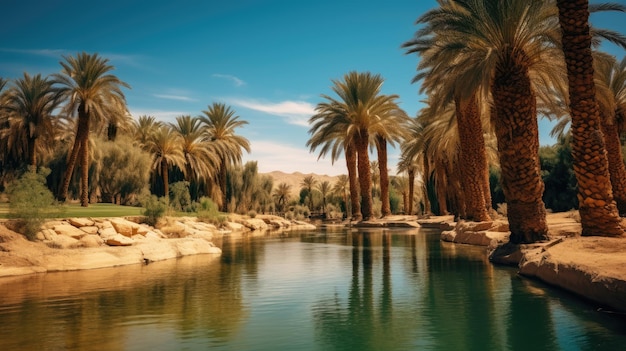 A photo of a desert oasis with palm trees clear blue sky