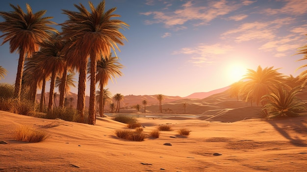 A photo of a desert oasis with palm trees sand dunes backdrop