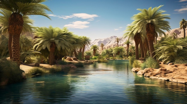 A photo of a desert oasis with palm trees and water