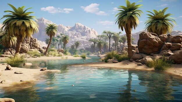 A photo of a desert oasis with palm trees and water