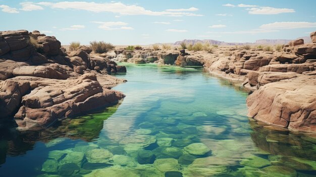 A photo of a desert rock pool rocky terrain backdrop