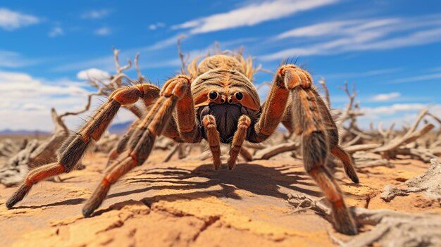 Photo of a desert tarantula in a desert with blue sky