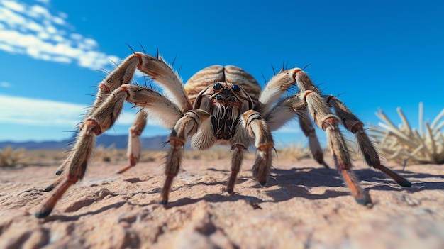 Photo of a Desert Tarantula in a Desert with blue sky