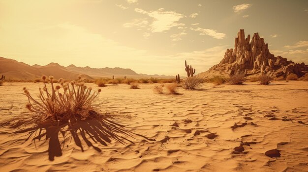 Foto una foto di un deserto con uno sfondo di dune di sabbia di cactus