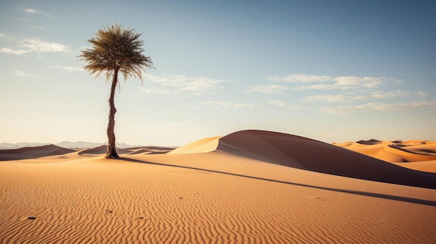 A photo of a desert with a lone palm tree endless sand dunes