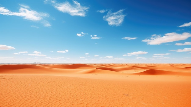 A photo of a desert with orange sand and a clear blue sky harsh sunlight